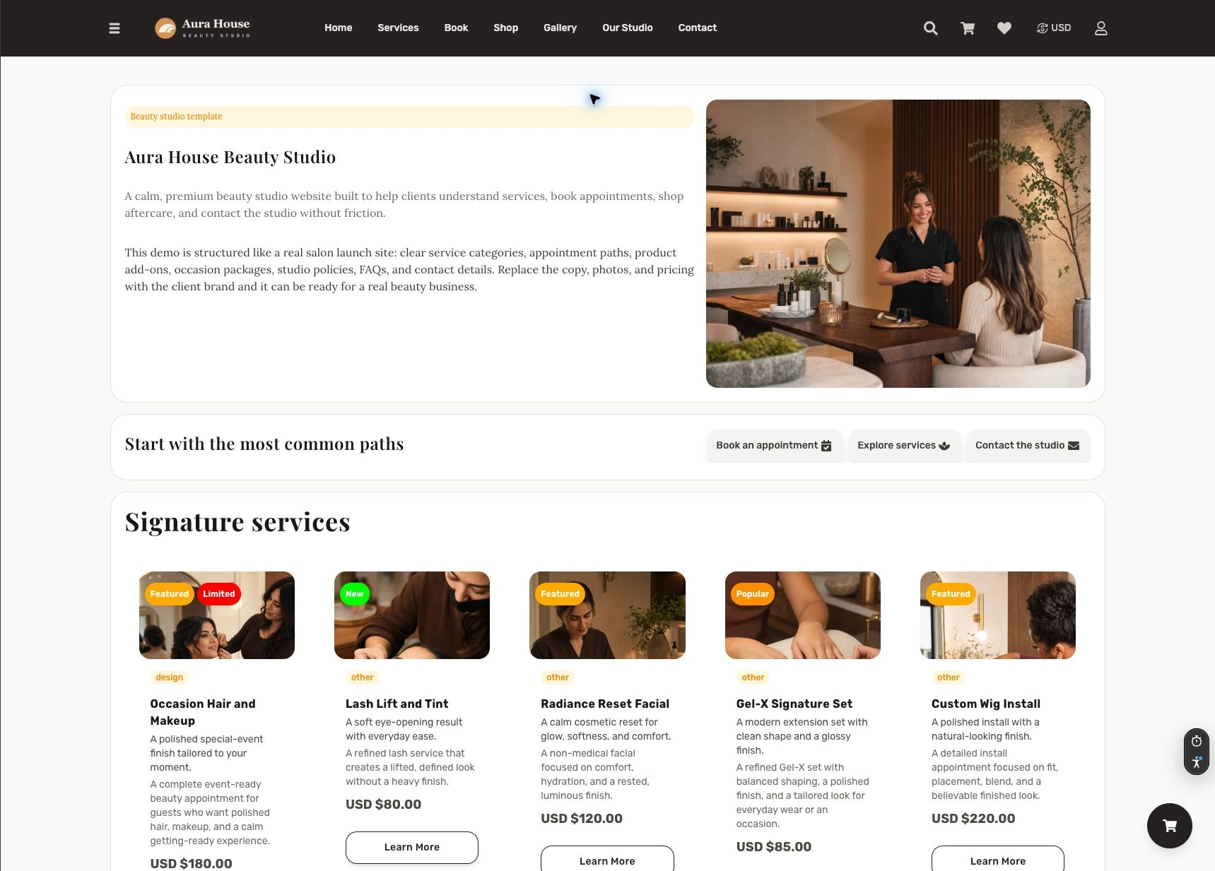 Live Aura House beauty studio website