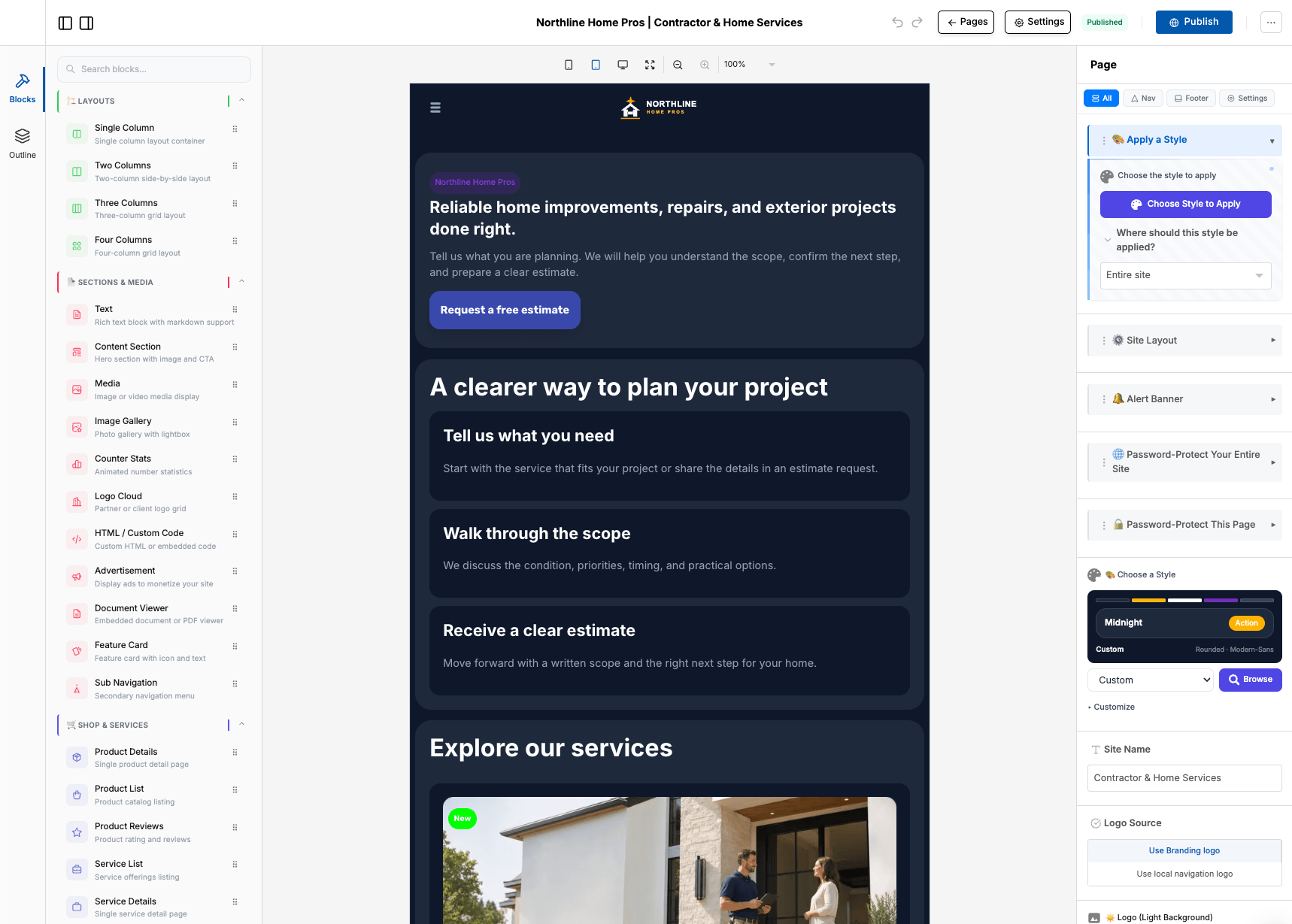 Vista previa del editor de NextJenga en tableta para la página de inicio de una empresa de servicios